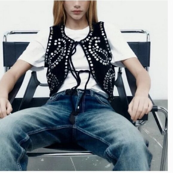 Zara Black Studded Velvet Vest, NWT, XS-S - Picture 1 of 12